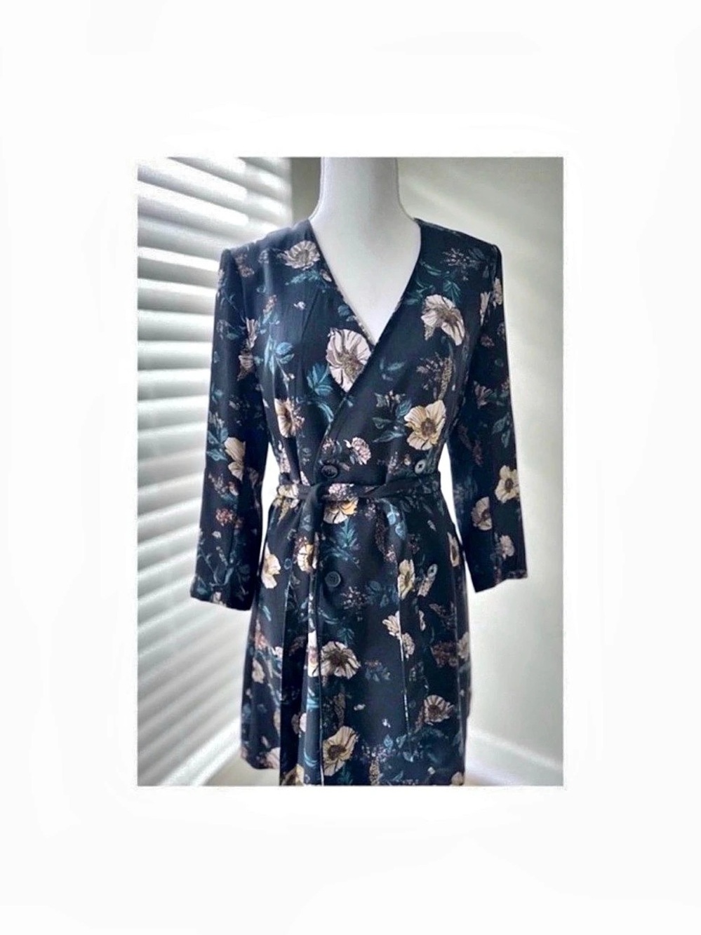 Frank And Oak Black Floral Wrap Dress Mini Dress in Black & Pink Small